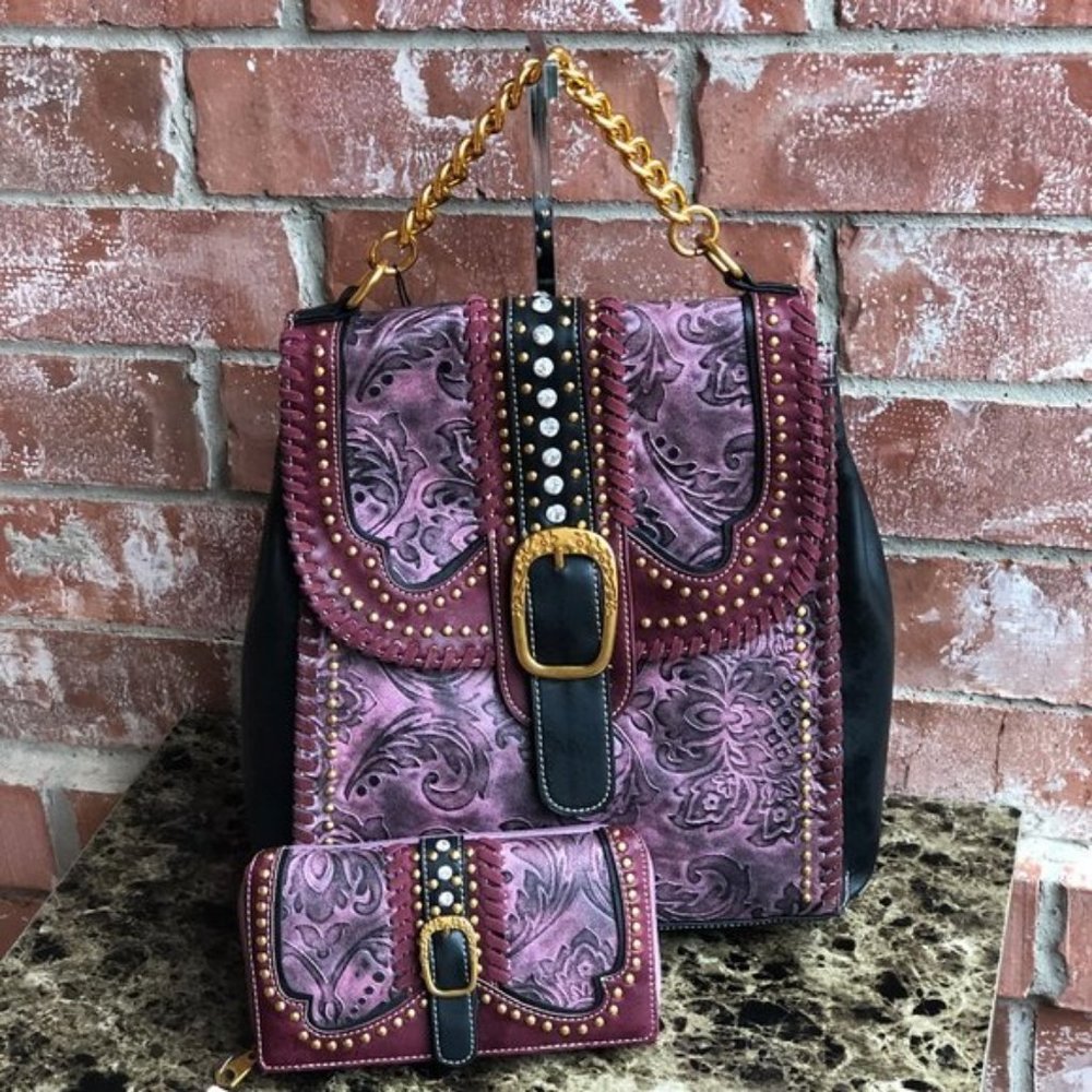 Montana West Backpack and Wallet Set Burgundy
